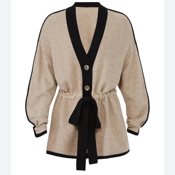 White + Warren Cashmere Cardigan XS Beige Black Trim Open Front Cinched Waist - Picture 6 of 7